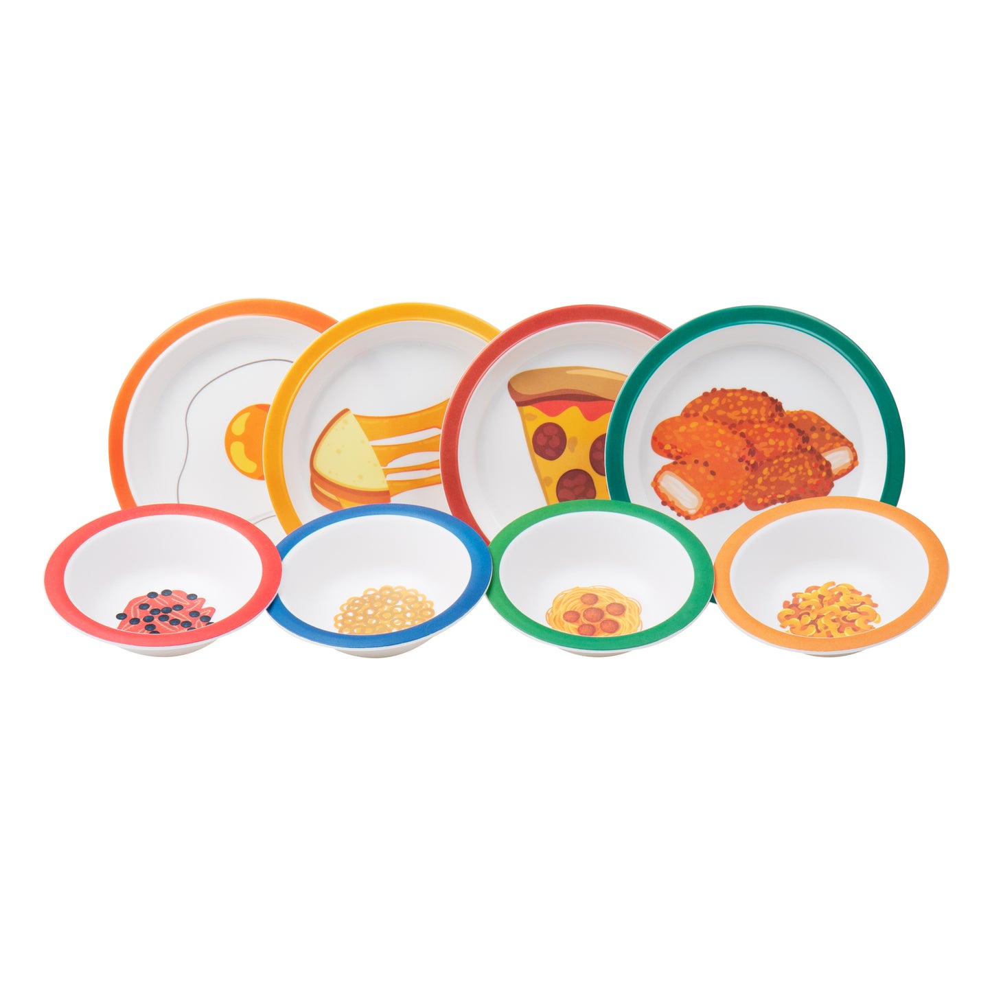 Mind Reader Kids Plate and Bowl Set, Toddler Plates, Cereal and Soup Bowl, Melamine, 8.25"L x 8.25"W 1"H, 8 pcs, Multi-color