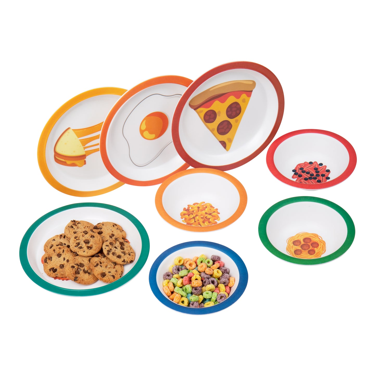 Mind Reader Kids Plate and Bowl Set, Toddler Plates, Cereal and Soup Bowl, Melamine, 8.25"L x 8.25"W 1"H, 8 pcs, Multi-color