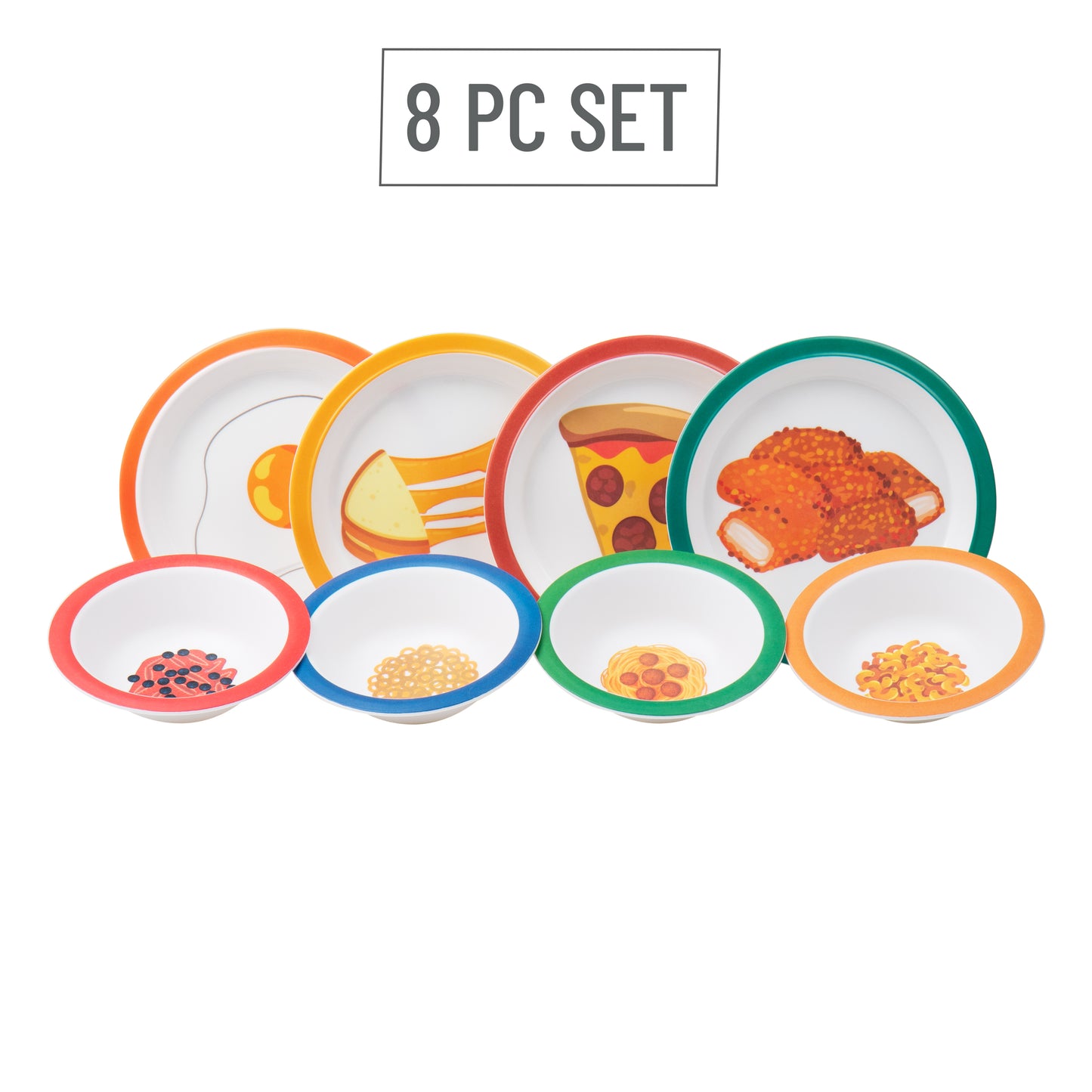 Mind Reader Kids Plate and Bowl Set, Toddler Plates, Cereal and Soup Bowl, Melamine, 8.25"L x 8.25"W 1"H, 8 pcs, Multi-color