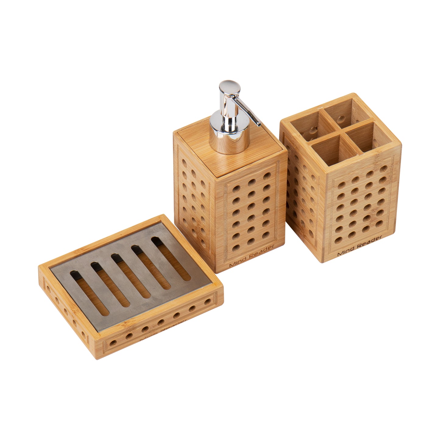 Mind Reader Lattice Collection, Soap Dish, Liquid Soap Dispenser, and Toothbrush Holder Set, Bathroom, Rayon from Bamboo, Brown