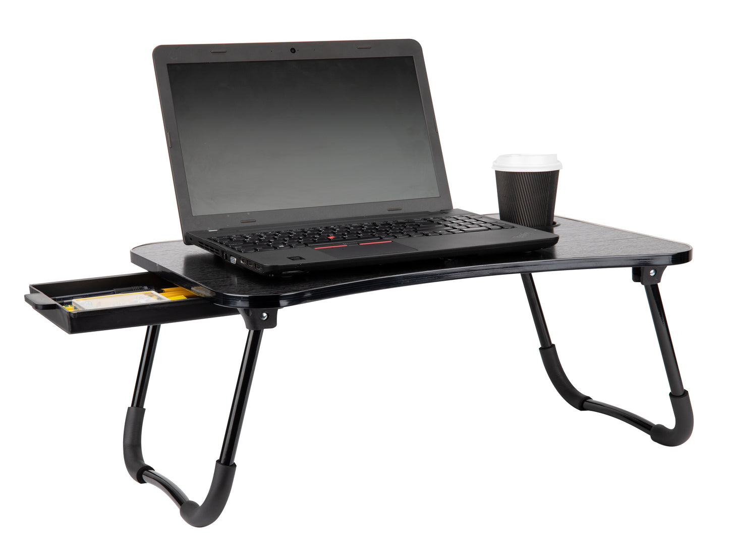 Mind Reader Woodland Collection, Portable Laptop Desk/Breakfast Table with Storage Drawer, Collapsible, Portable, Folding Legs, Black