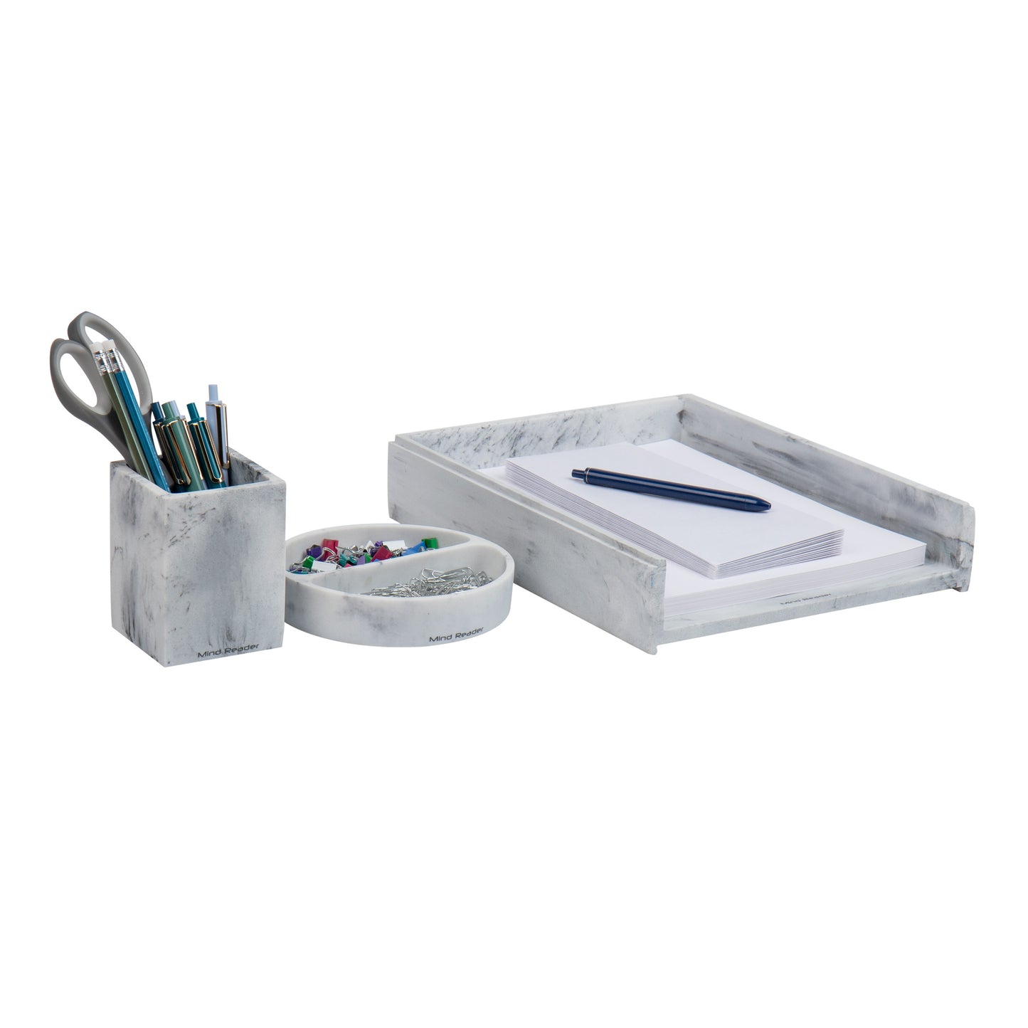 Mind Reader Desktop Set, Pen Cup, Catch-All Dish, Paper Tray, Office, Resin, 10.25"L x 12.25"W x 2.5"H, 3 Pcs., White