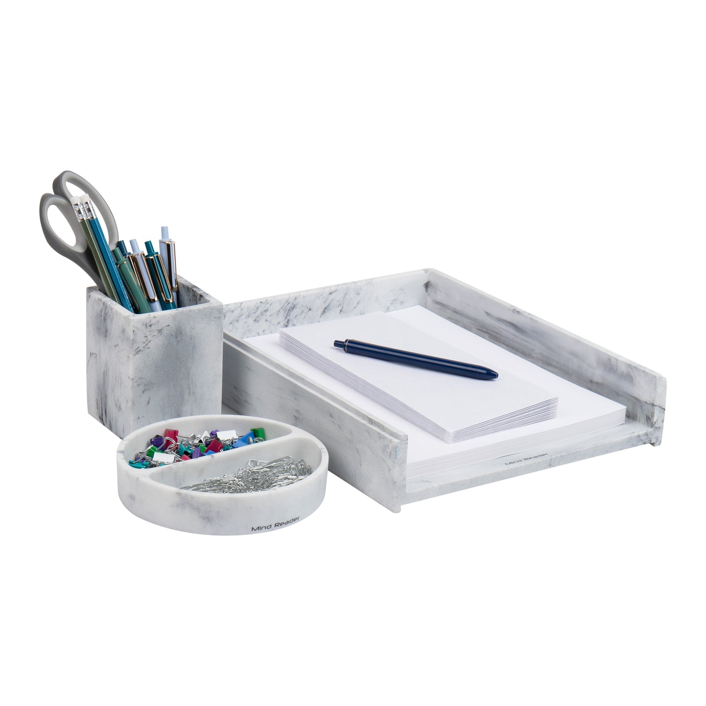 Mind Reader Desktop Set, Pen Cup, Catch-All Dish, Paper Tray, Office, Resin, 10.25"L x 12.25"W x 2.5"H, 3 Pcs., White