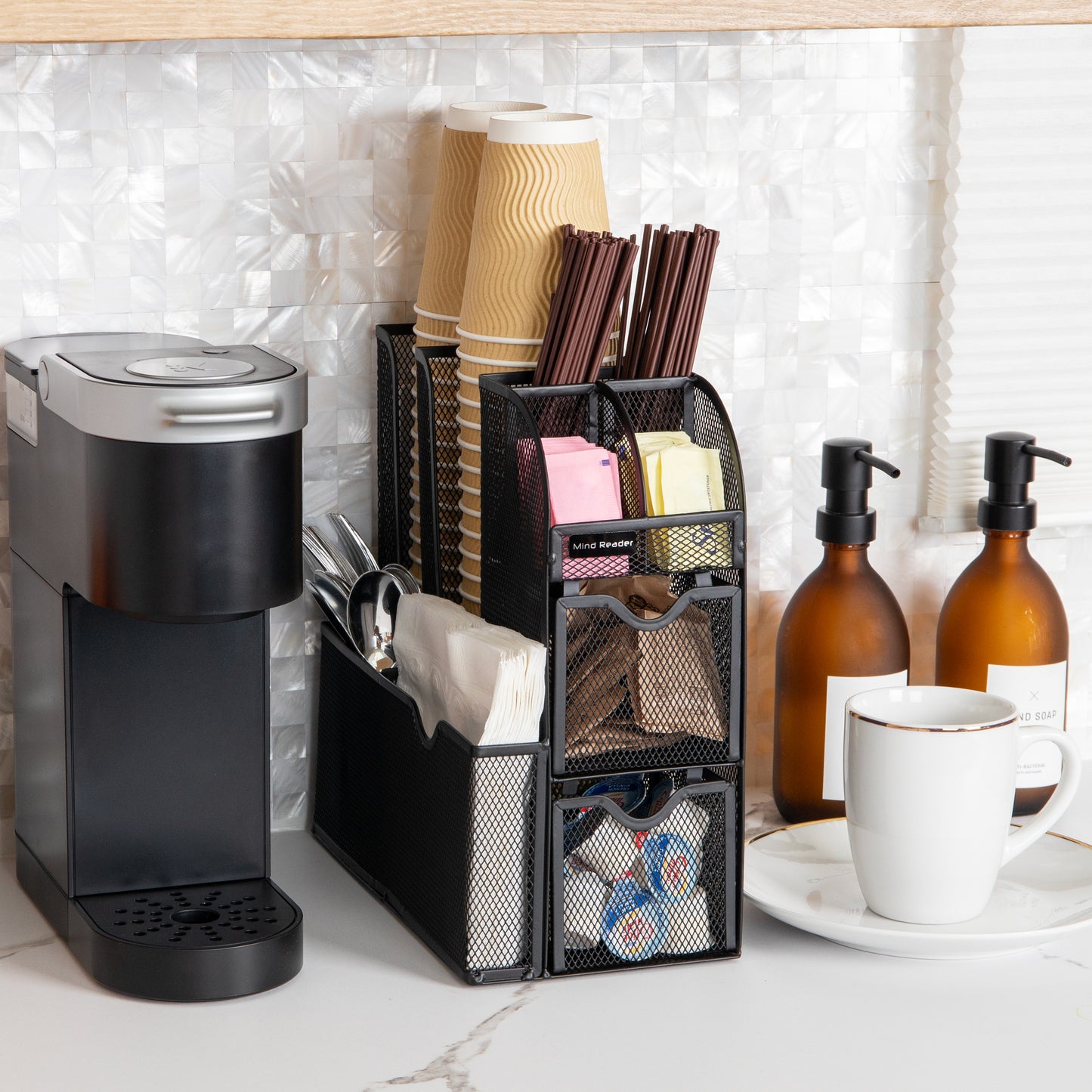 Mind Reader Cup and Condiment Station, Countertop Organizer, Coffee Bar, Kitchen, Metal Mesh, 5.75"L x 11"W x 11.5"H, Black