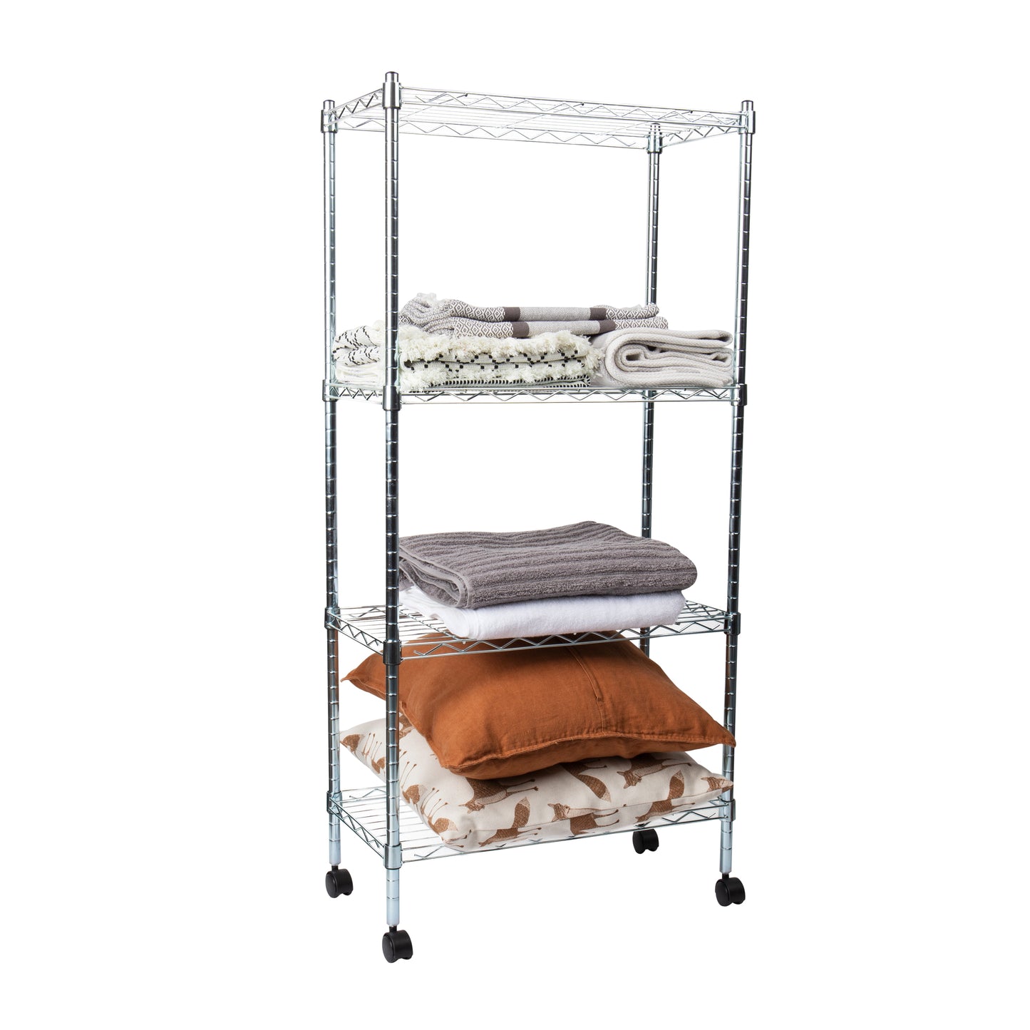 Mind Reader Alloy Collection, Adjustable 4-Tier Industrial Storage Shelves with Wheels, Metal, Silver