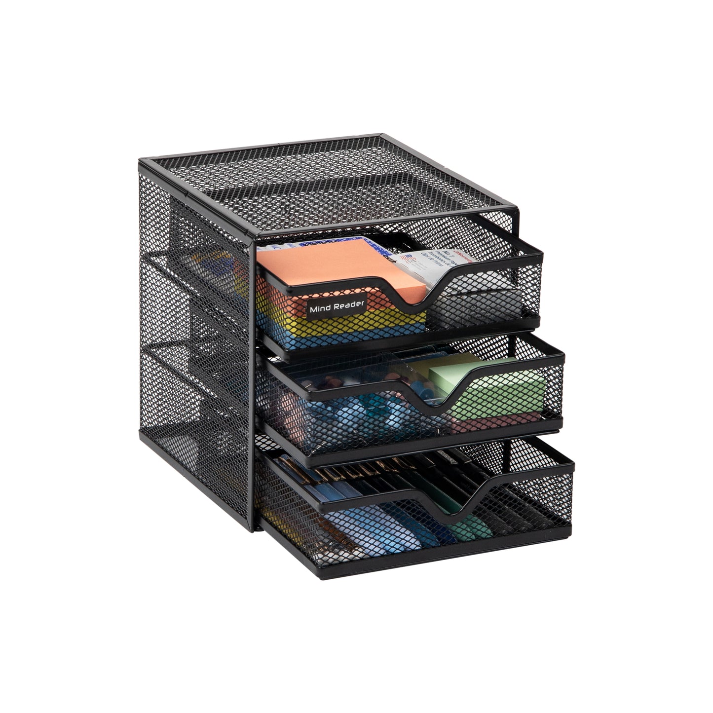Mind Reader Network Collection, 3-Drawer Accessory Storage, Desk Supplies, Memo Holder, Paper/Binder Clip Basket, Desktop Organizer, Metal Mesh, 6.25"L x 6.5"W x 6.5"H, Black
