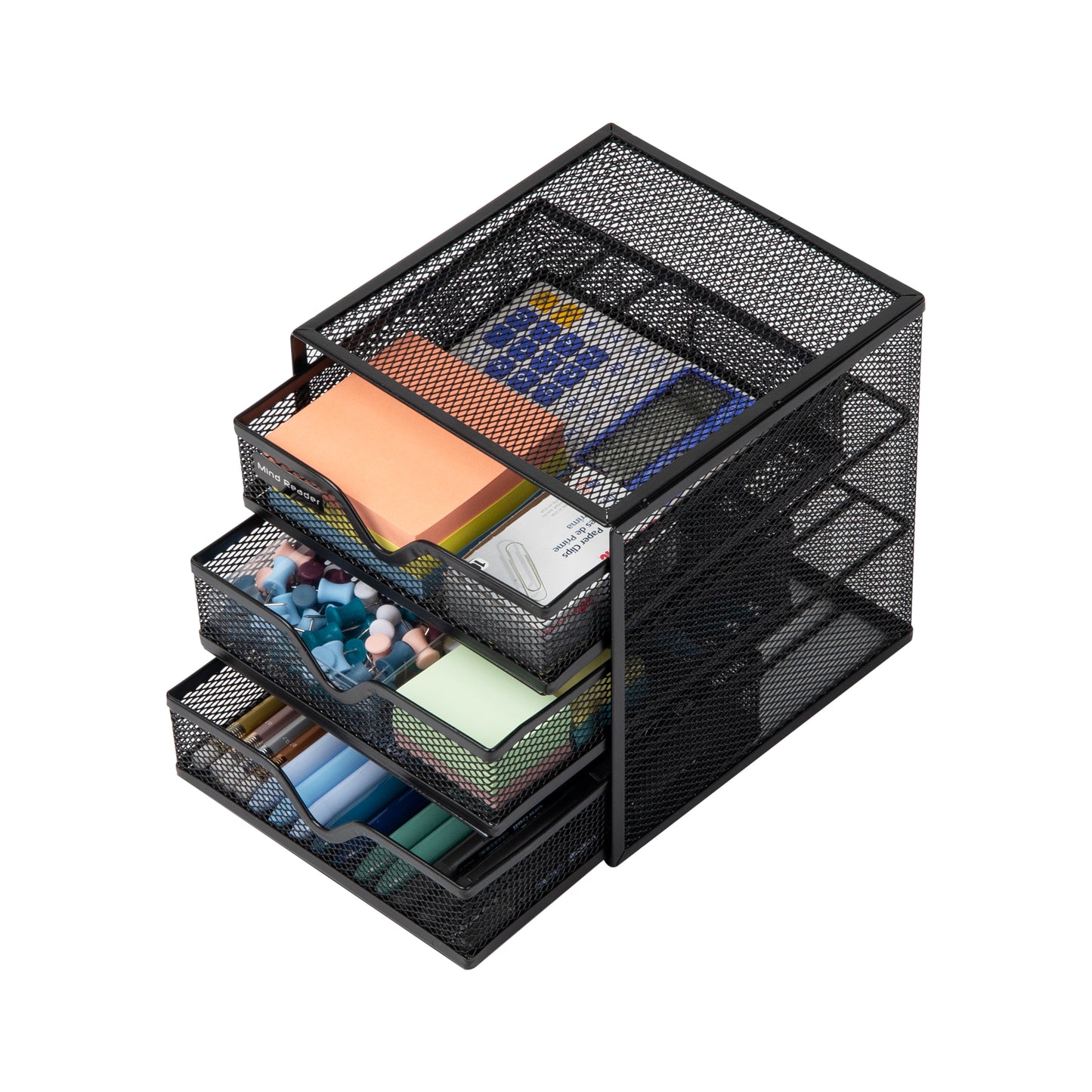 Mind Reader Network Collection, 3-Drawer Accessory Storage, Desk Supplies, Memo Holder, Paper/Binder Clip Basket, Desktop Organizer, Metal Mesh, Black