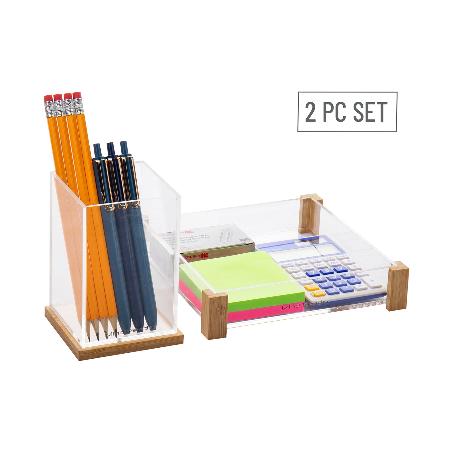 Mind Reader Modern Collection, Catch All Tray and Pen Cup Set, Office, Rayon from Bamboo and Acrylic, Brown