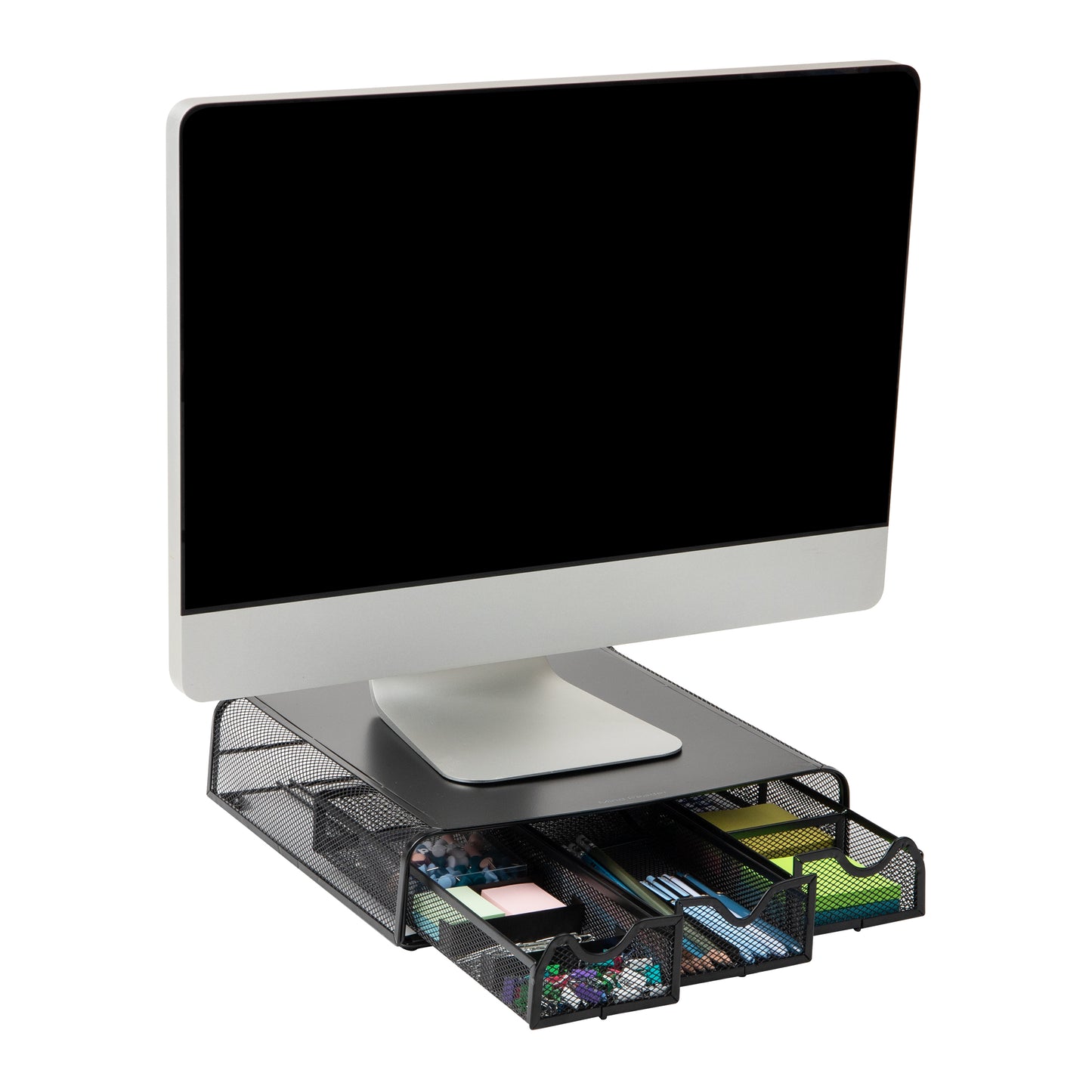 Mind Reader Monitor Stand, Ventilated Laptop Riser, Desktop Organizer, Storage, Metal Mesh, 13.25"L x 12.5"W x 3"H, Black