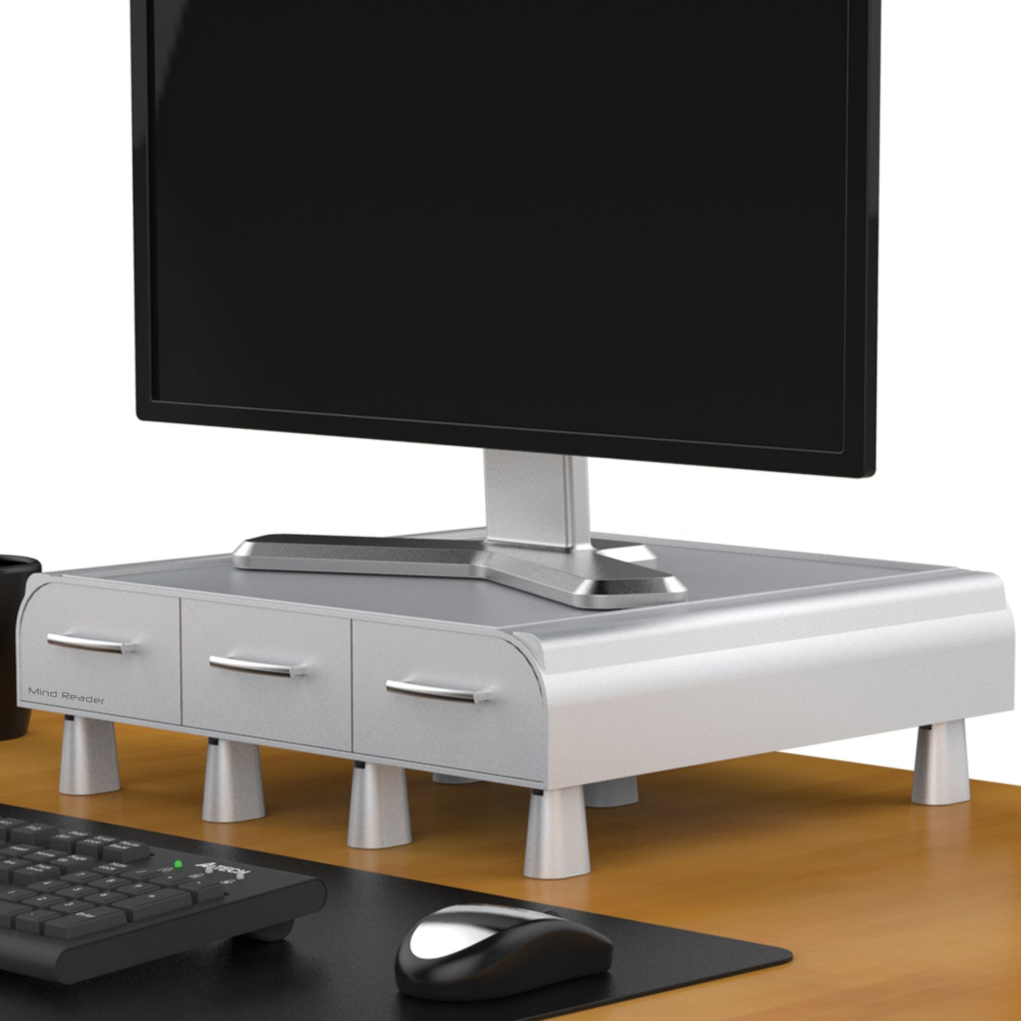 Mind Reader Monitor Stand, 3 Storage Drawers, Desktop Organizer, Riser, Office, 13.5"L x 13"W x 4"H