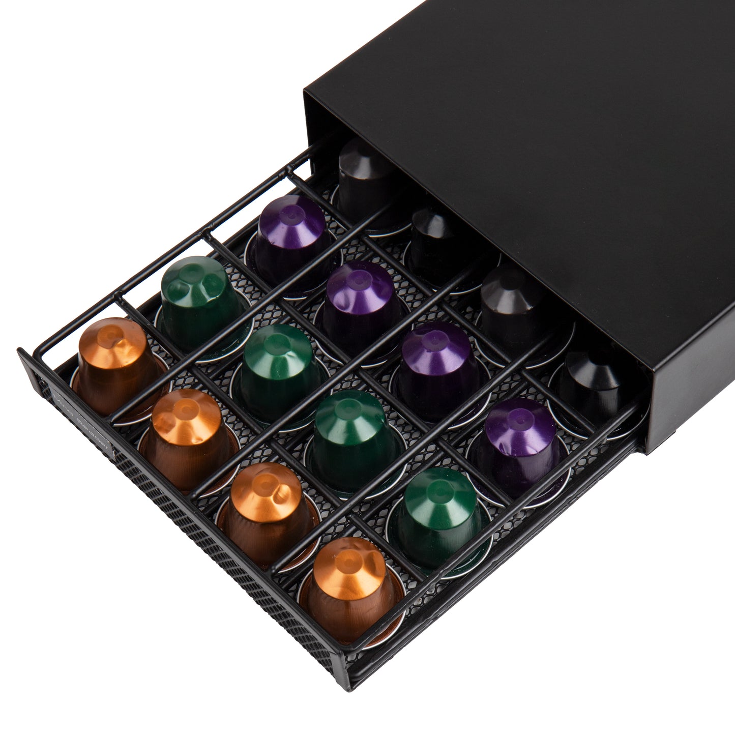 Mind Reader Network Collection, Single Serve Nespresso/Vertuoline Compatible Capsule Drawer, 20 Capsule Capacity, Countertop Organizer, Coffee Machine Base, Solid Metal Top with Mesh Drawer, Black