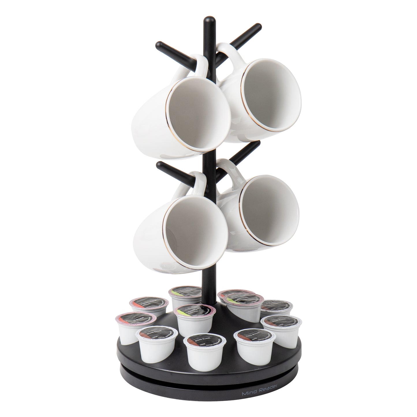 Mind Reader Single Serve Coffee Pod Organizer & Mug Tree, 12 pod and 4 Mug Capacity, Countertop , 9"L x 9"W x 17.75"H, Black