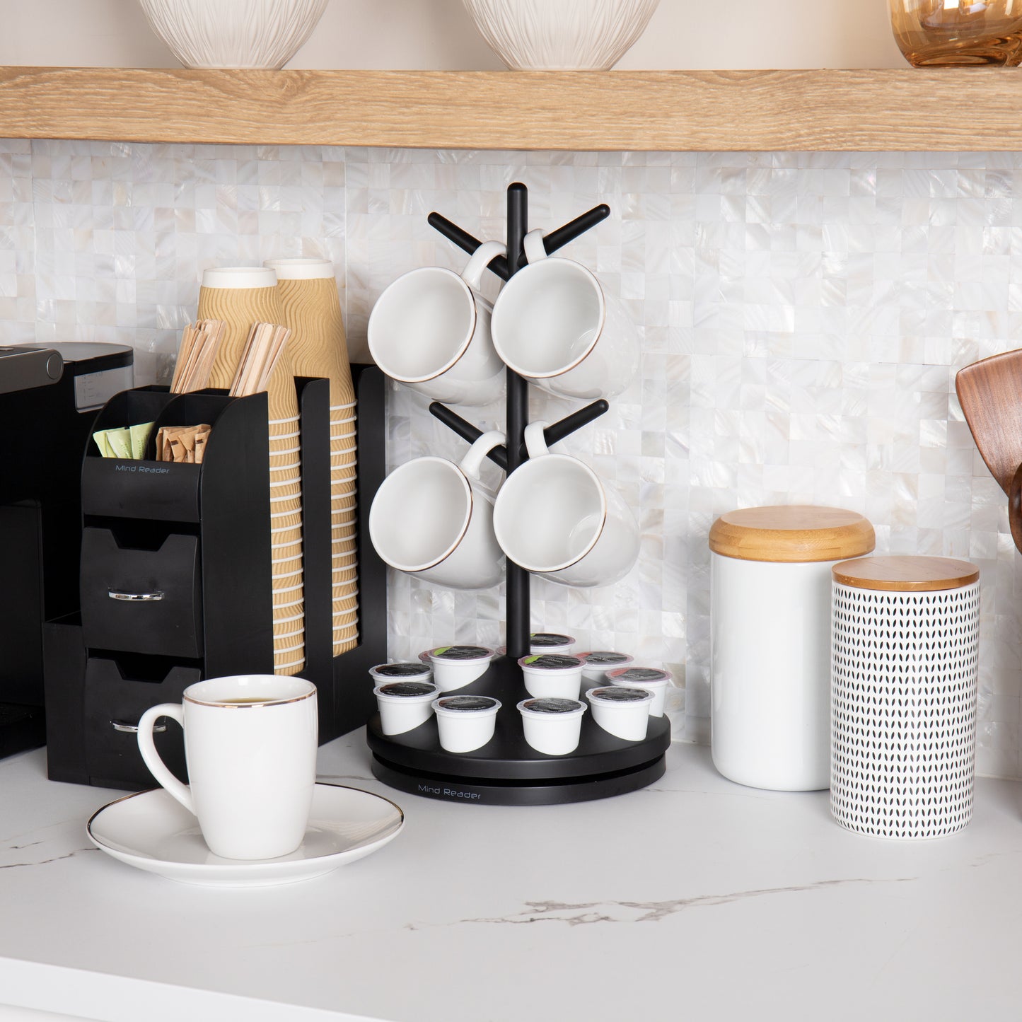Mind Reader Single Serve Coffee Pod Organizer & Mug Tree, 12 pod and 4 Mug Capacity, Countertop , 9"L x 9"W x 17.75"H, Black
