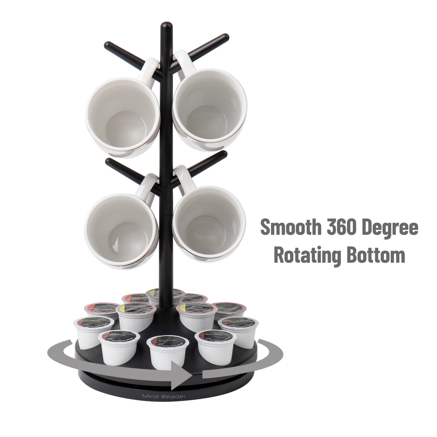 Mind Reader Single Serve Coffee Pod Organizer & Mug Tree, 12 pod and 4 Mug Capacity, Countertop , 9"L x 9"W x 17.75"H, Black