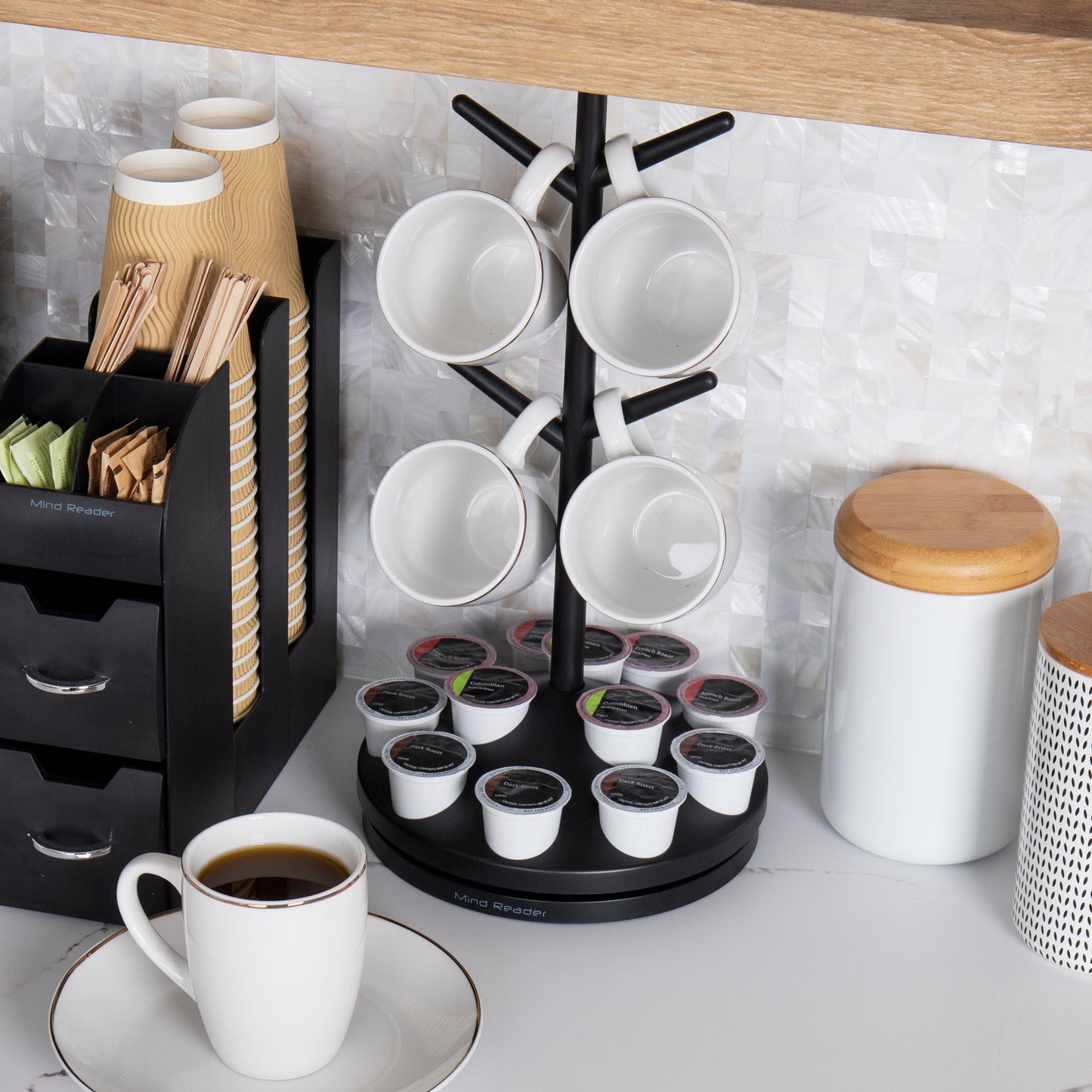 Mind Reader Single Serve Coffee Pod Organizer & Mug Tree, 12 pod and 4 Mug Capacity, Countertop , 9"L x 9"W x 17.75"H, Black