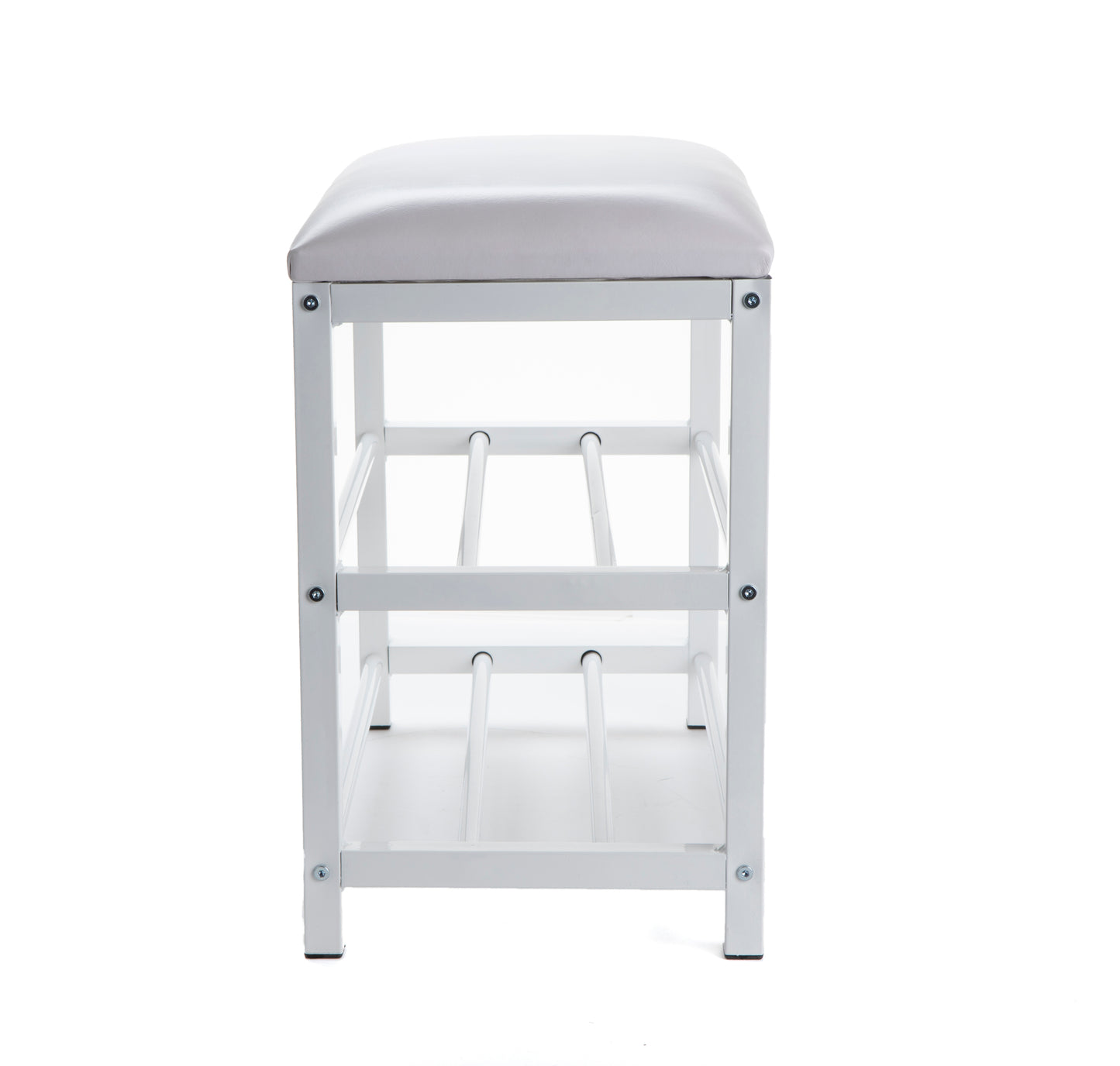 Mind Reader Woodland Collection, 3-Tier Bench, 2 Shoe and Accessory Shelves, Padded Top, Mudroom, Entryway, Bedroom, Metal, White