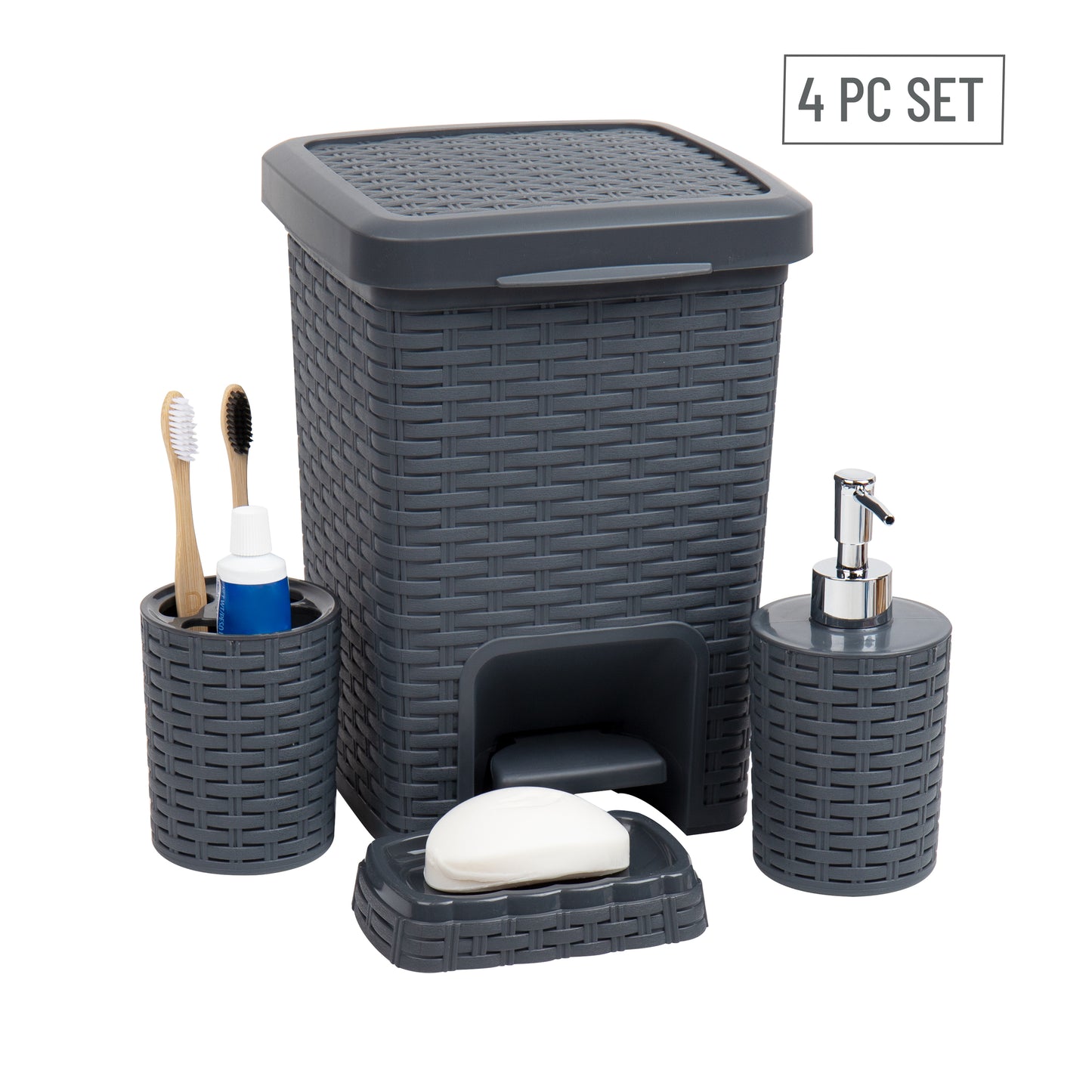Mind Reader Basket Collection, 4 Piece Bathroom Set includes: Square Wastepaper Pedal Basket, Toothbrush Holder, Liquid Soap Dispenser and Soap Dish, Wicker Style, Bathroom, 4 Piece Set