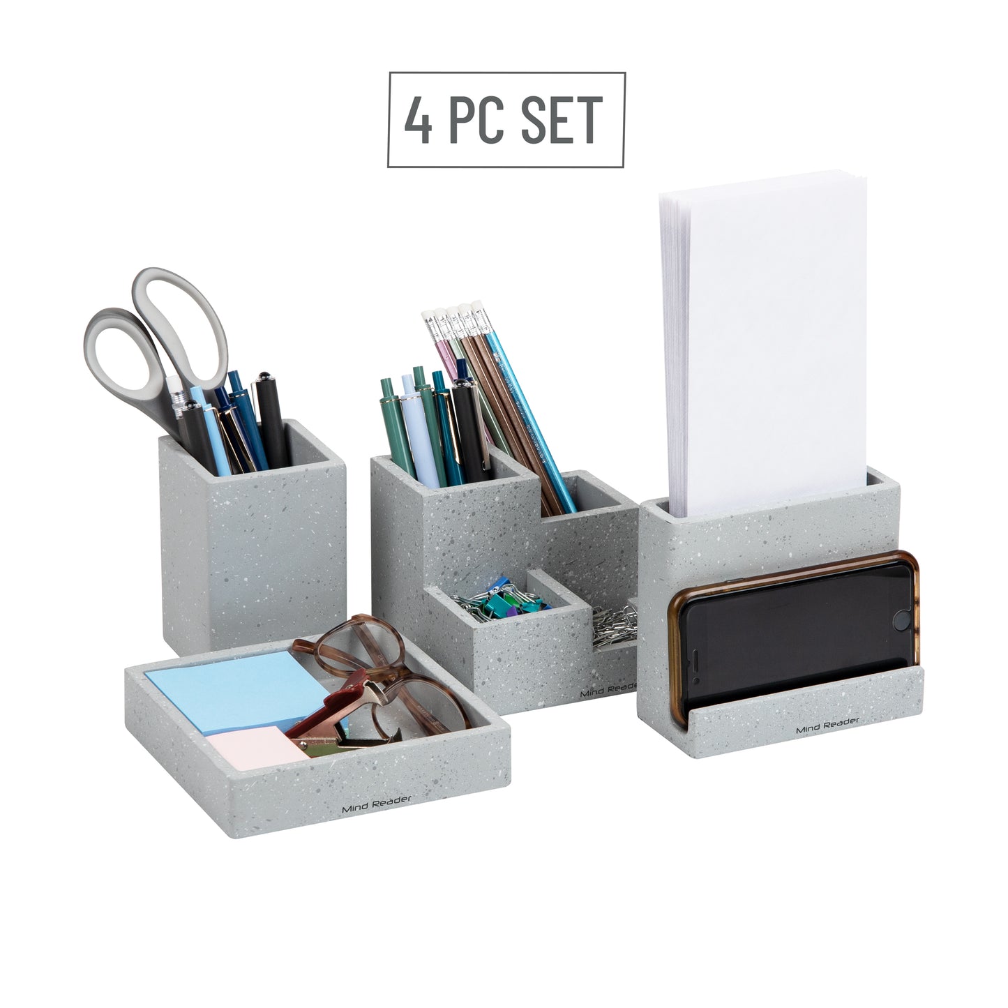 Mind Reader Terrazzo Collection, 4 Piece Set includes Pen Cup, Pen and Phone Holder, Memo Tray, and 4 Compartment Catch All Tower, Desktop Organization, Office, Cement, Gray
