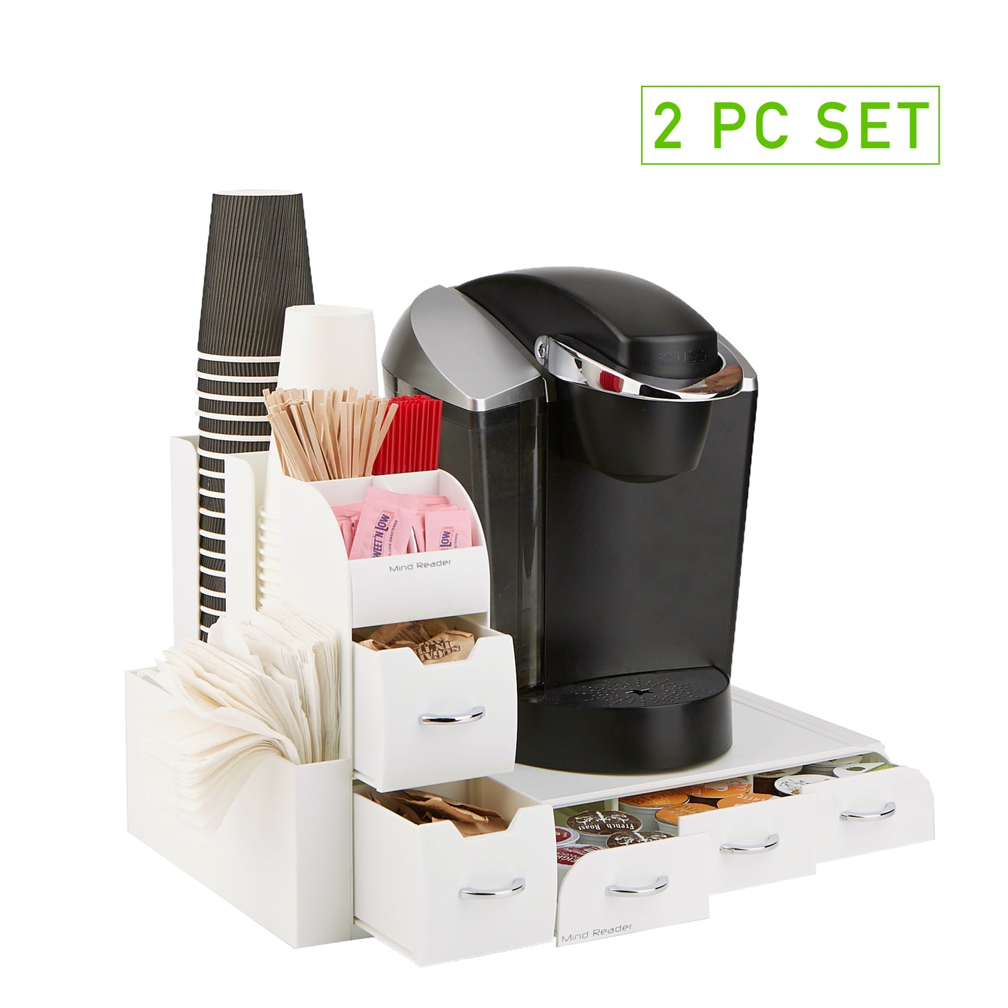 Mind Reader Anchor Collection, 3-Drawer Single Serve Coffee Pod Drawer, 36 Coffee Pod Capacity, Coffee Machine Base and 10-Compartment Cup and Condiment Countertop Organizer Set