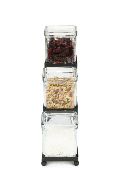 Mind Reader Alloy Collection, 3-Compartment, Graduated Condiment/Garnish Stand with Clear Glass Jars, Metal, Black