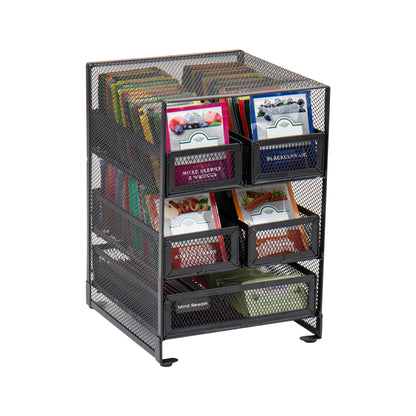 Mind Reader Network Collection, 5-Compartment Tea Organizer, 120 Tea Bag Capacity, Countertop Organizer, Metal Mesh, Black