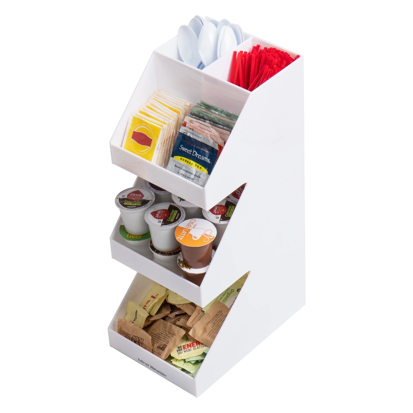 Mind Reader Foundation Collection, 3-Tier, 5-Compartment Coffee, Tea, Utensil and Condiment Dispenser, Countertop Organizer, Kitchen and Breakroom, 6"L x 7.25"W x 15.6"H, Black