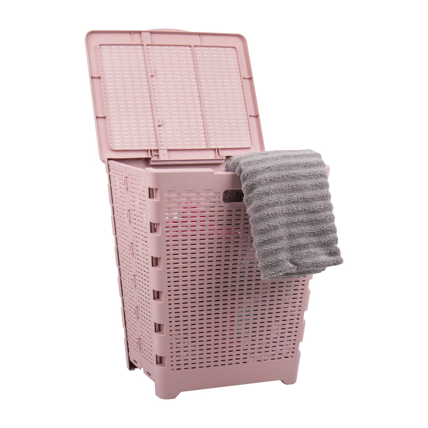 Mind Reader 61L Foldable Laundry Hamper, Clothes Basket, Lid, Wicker Design, Plastic, 18"L x 14.5"W x 21.25"H