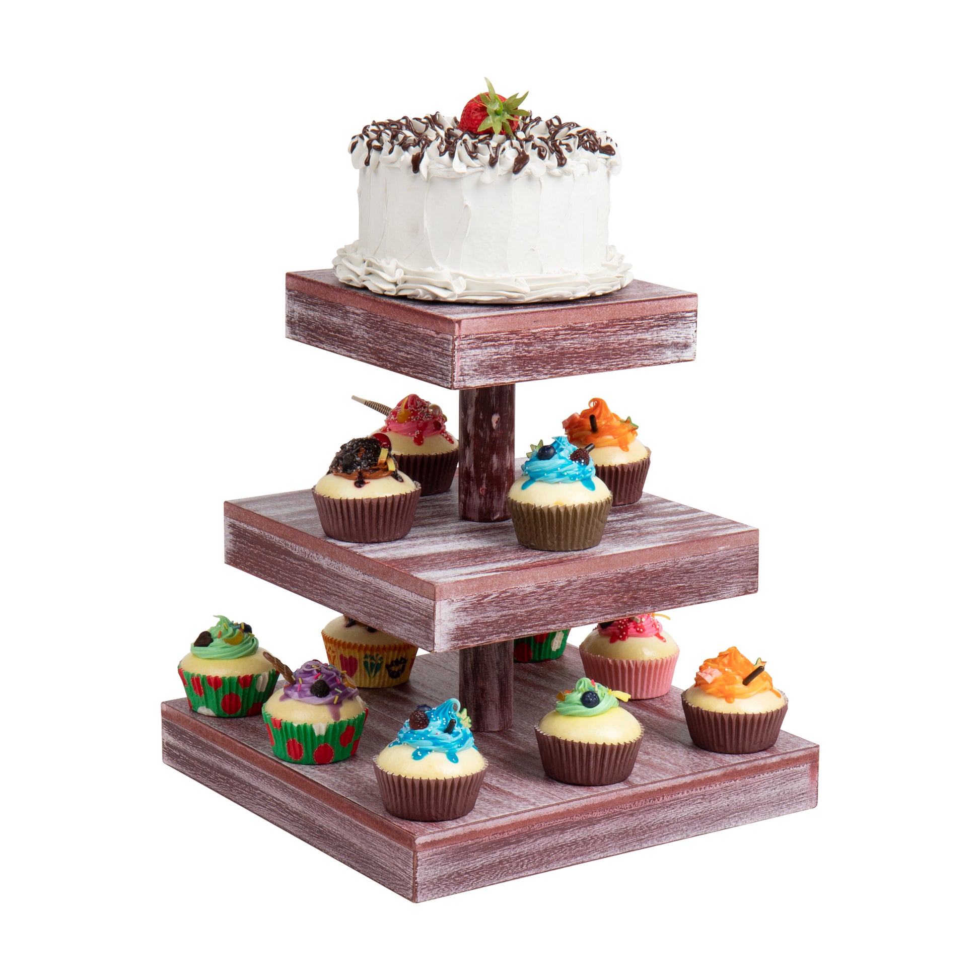 Mind Reader 3-Tier Tower for Desserts, Cupcakes, Hor d'oeuvres, Kitchen Entertaining, Serveware, Rustic Farmhouse Design, Brown
