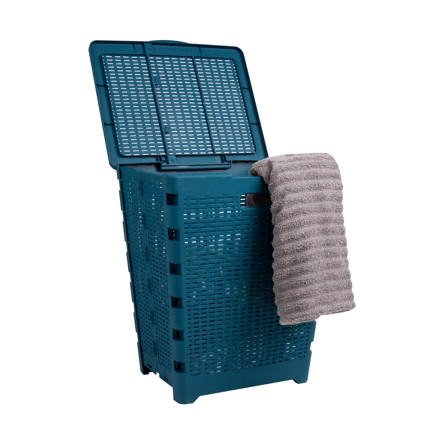 Mind Reader 61L Foldable Laundry Hamper, Clothes Basket, Lid, Wicker Design, Plastic, 18"L x 14.5"W x 21.25"H