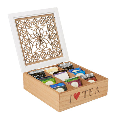 Mind Reader Bali Collection, 9-Compartment Decorative Tea Bag Organizer, 90 Bag Capacity, Brown