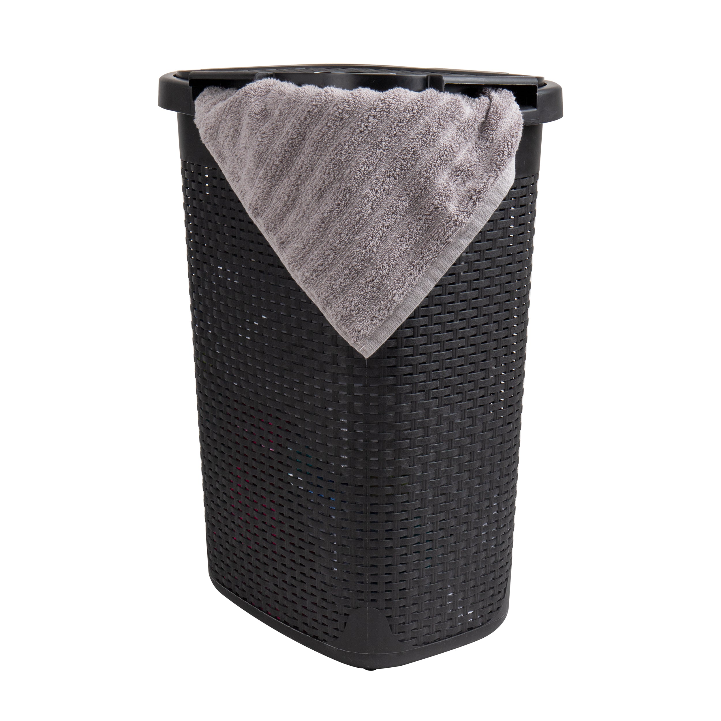 Mind Reader Ivory 60L Slim Laundry Hamper, Clothes Basket, Lid, Wicker Design, Plastic, 17.65"L x 13.75"W x 24.15"H