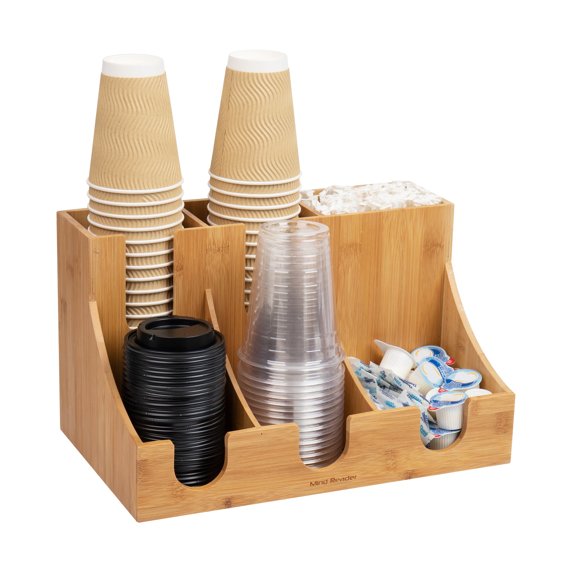Mind Reader Bali Collection, 6-Compartment Cup, Lid and Condiment Dispenser, Breakroom, Countertop Organizer, Bamboo, Brown