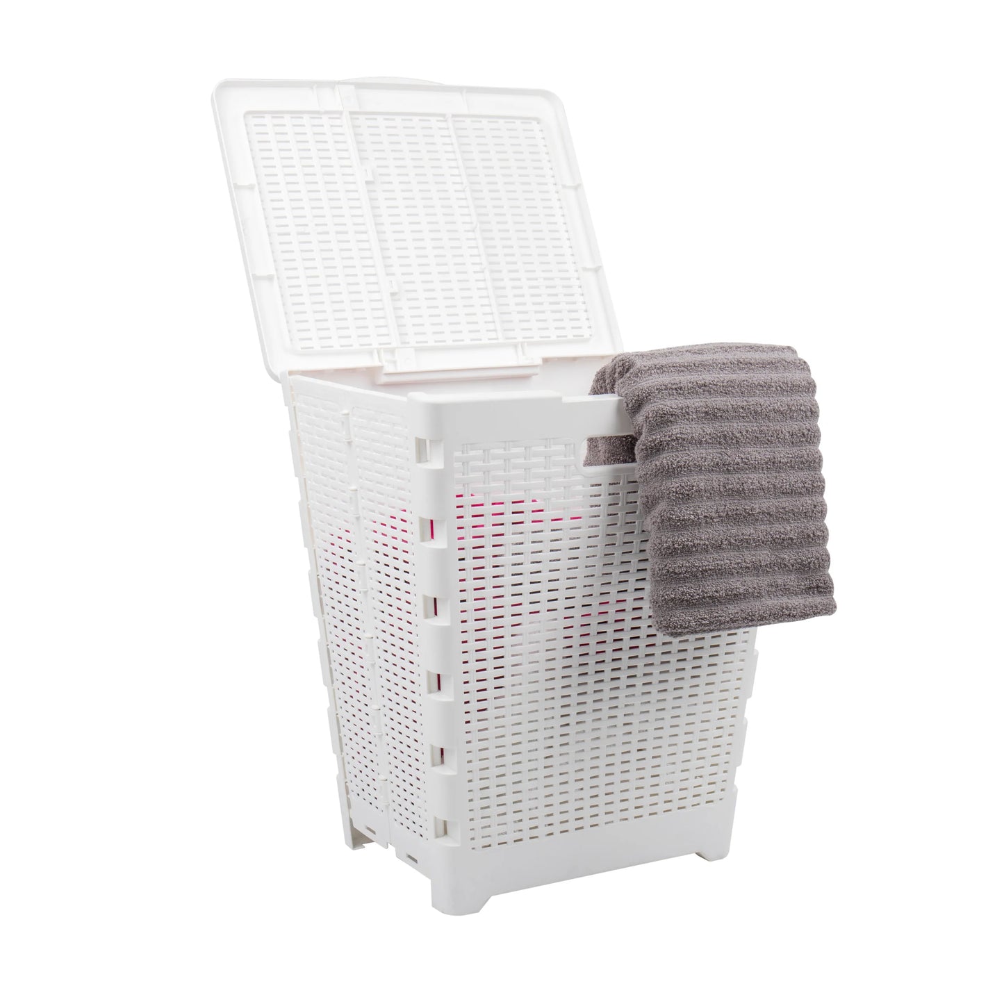 Mind Reader 61L Foldable Laundry Hamper, Clothes Basket, Lid, Wicker Design, Plastic, 18"L x 14.5"W x 21.25"H