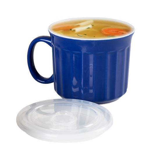 Mind Reader Vented Soup Mug, Stoneware Ceramic Microwave Cup with Handle, Lid, Dishwasher Safe, Holds 22 Oz., High-Gloss Exterior, Blue