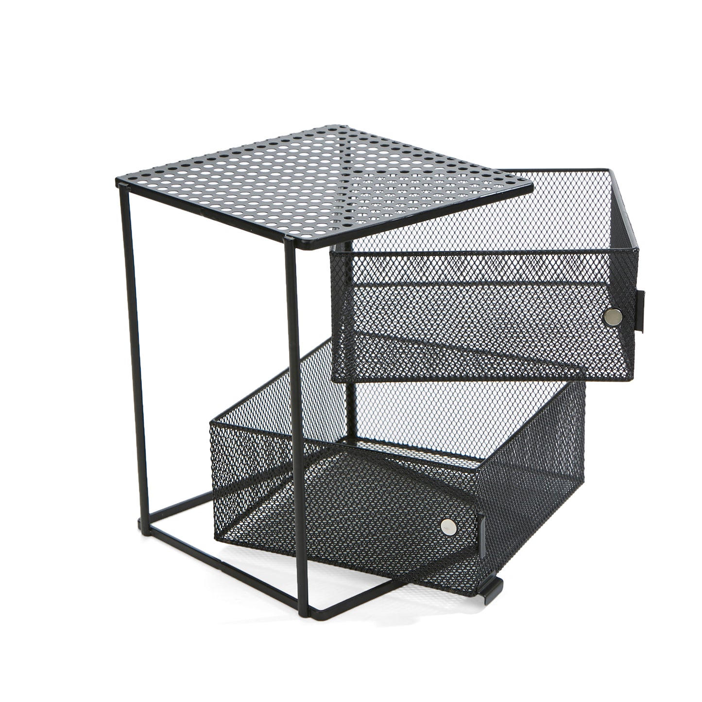 Mind Reader Network Collection, 2-Tier, Desktop Storage Baskets with Magnetic Top, 2 Swivel Compartments for Office Supplies, Metal Mesh, Black