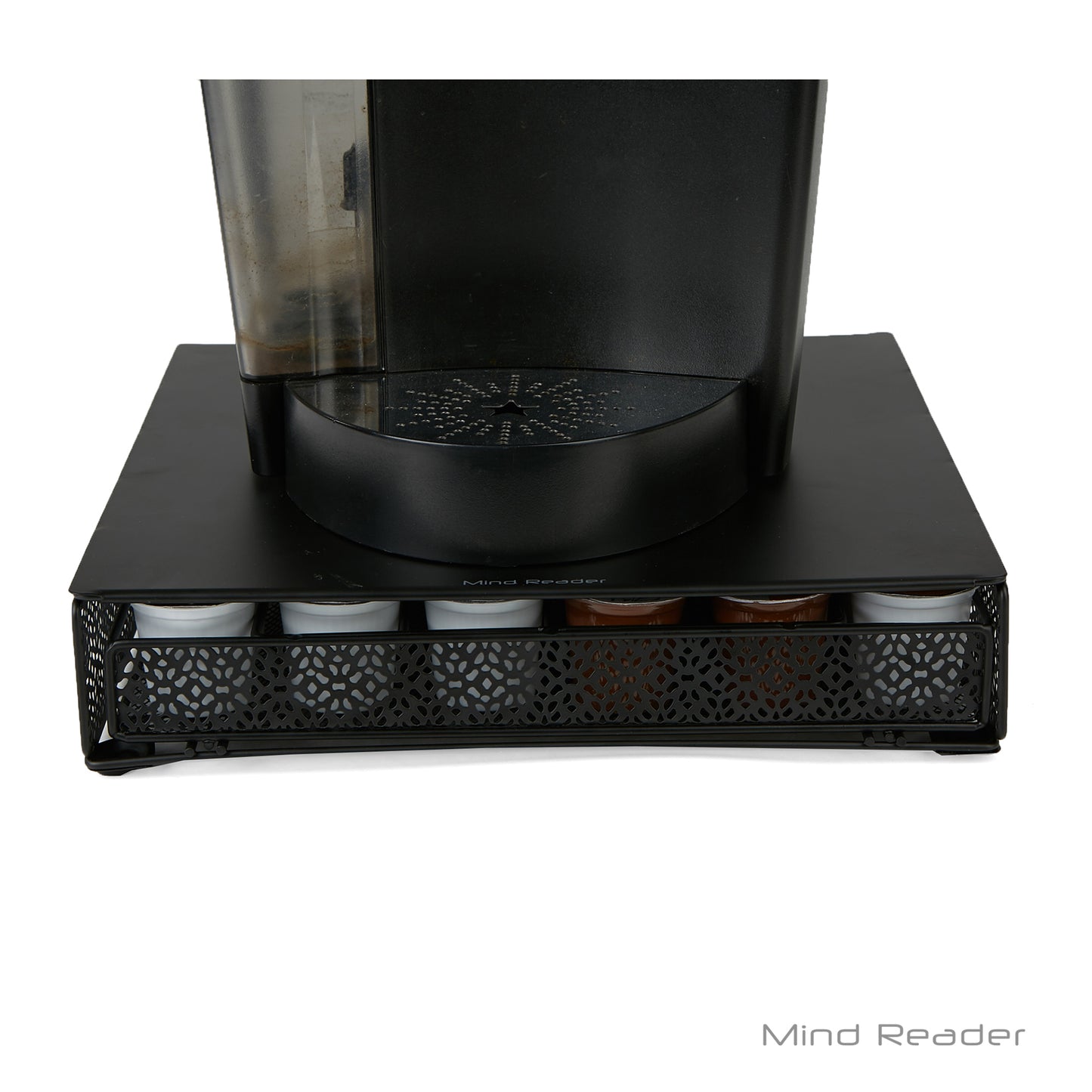 Mind Reader Network Collection, Single Serve Coffee Pod Drawer, 36 or 72 Coffee Pod Capacity, Coffee Machine Base, Solid Metal Top with Decorative Mesh Drawer, 13"L x 12.75"W x 3"H, Black