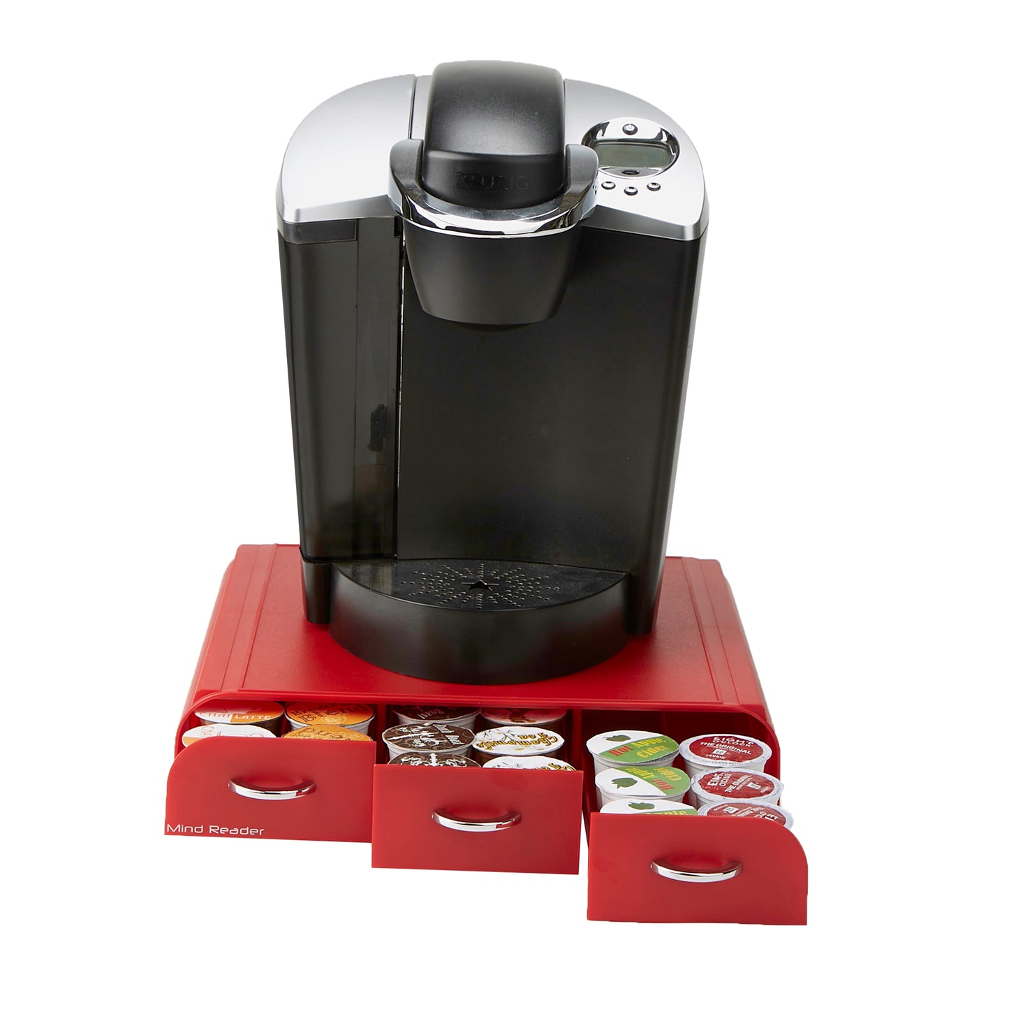 Mind Reader Single Serve Coffee Pod Organizer with 3 Drawers, 36 Pod Capacity, Countertop, 12.25"L x 13.5"W x 2.5"H, Red